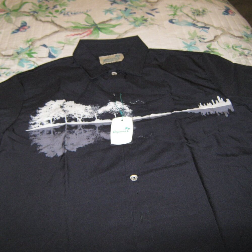 NWT M Royaura Black & White Unique Guitar/Tree Breast Pocket Shirt